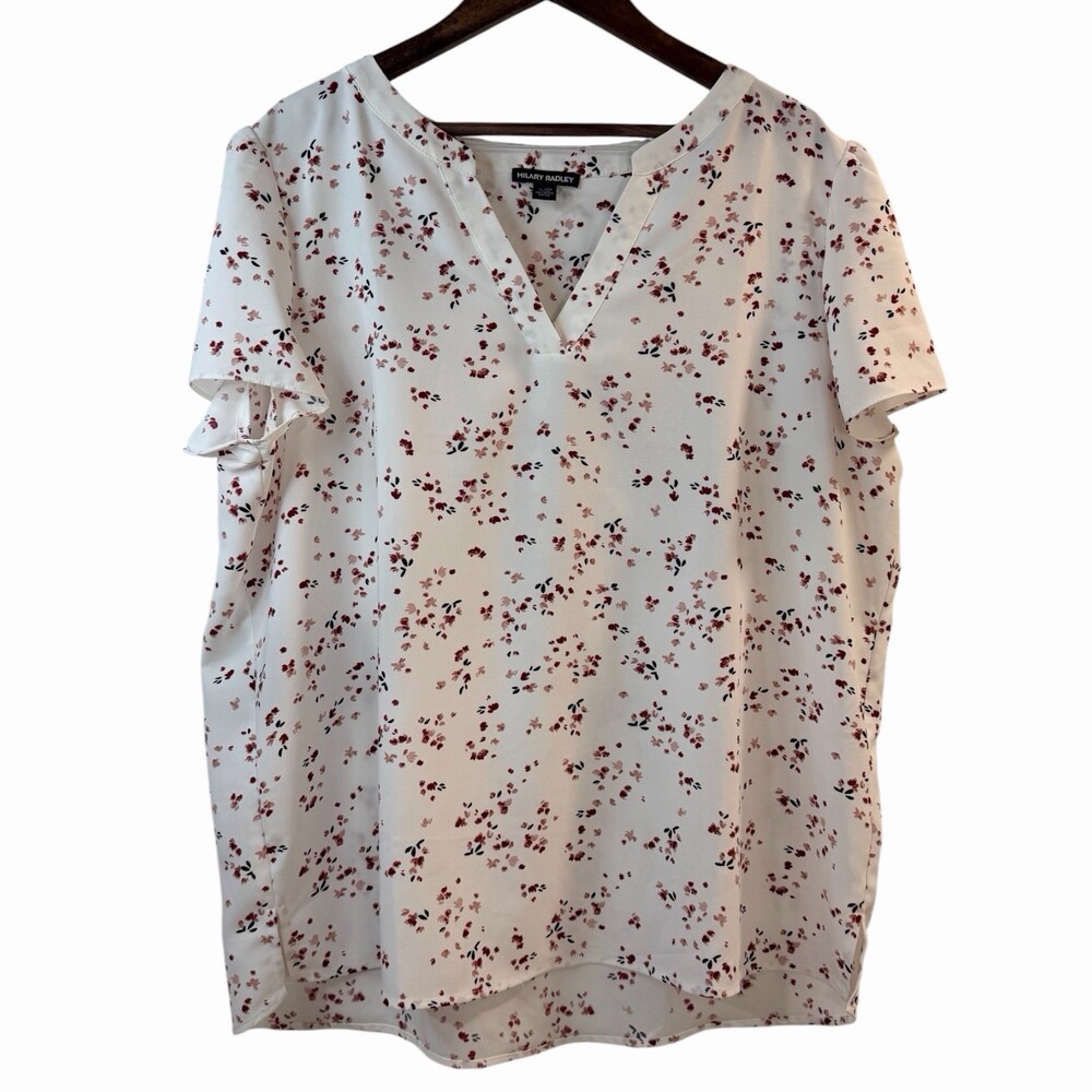 Hilary Radley Women's L White Ditsy Floral Ruffle Sleeve V-Neck Blouse